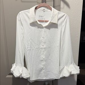 Anthropologie endless rose white button up flare bell sleeve top blouse XS S